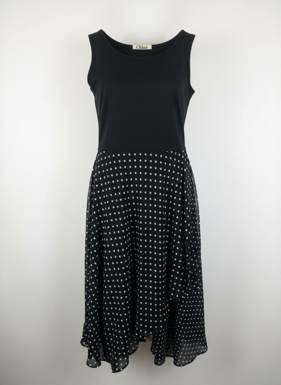 Chloé Mixed Media Polka Dot Dress Sleeveless Asymmetrical Sheer Overlay VTG
